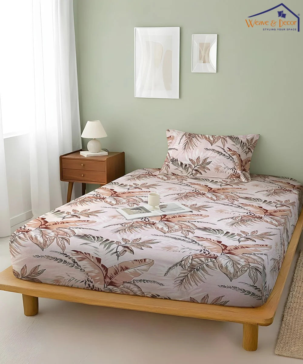 Ivory PalmFlat Bedsheet With Pillow Covers