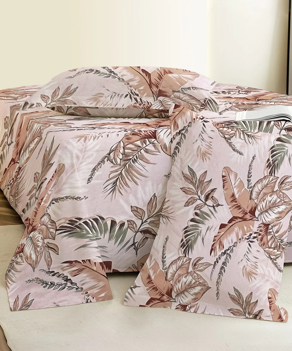 Ivory PalmFlat Bedsheet With Pillow Covers