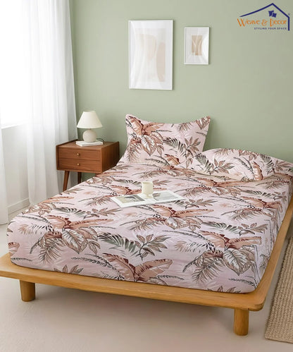 Ivory PalmFlat Bedsheet With Pillow Covers