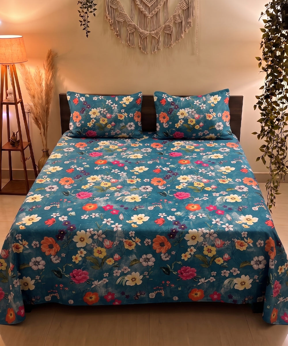 Teal Blossom Haven Flat Bedsheet With Pillow Covers