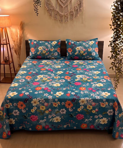 Teal Blossom Haven Flat Bedsheet With Pillow Covers
