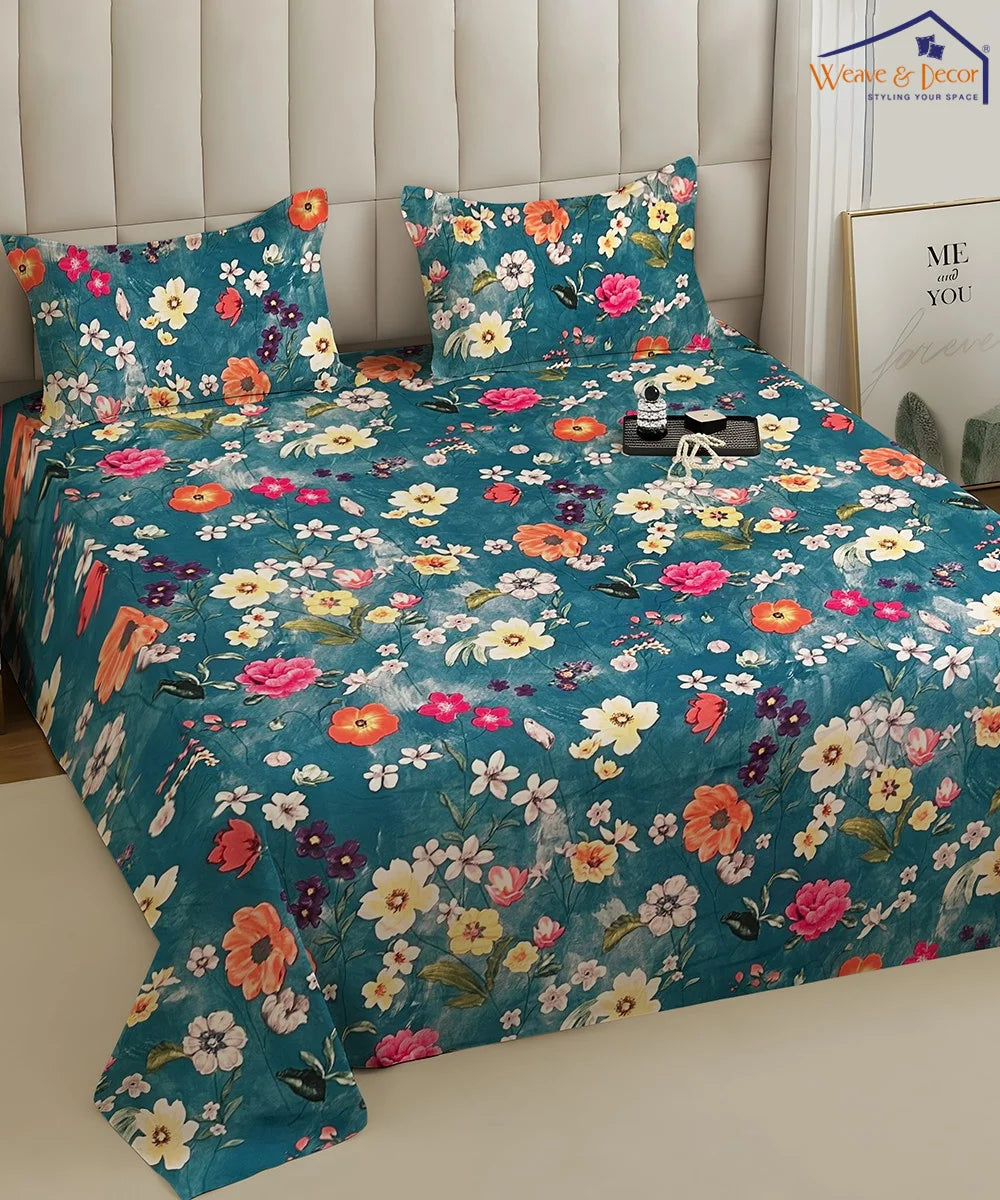 Teal Blossom HavenFlat Bedsheet With Pillow Covers