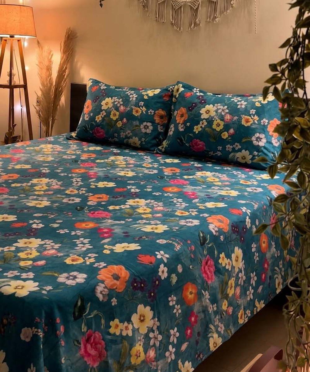 Teal Blossom Haven Flat Bedsheet With Pillow Covers