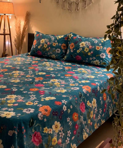 Teal Blossom Haven Flat Bedsheet With Pillow Covers