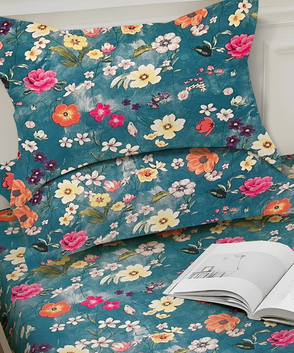 Teal Blossom HavenFlat Bedsheet With Pillow Covers