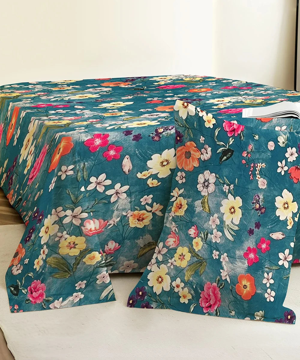Teal Blossom HavenFlat Bedsheet With Pillow Covers