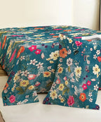 Teal Blossom HavenFlat Bedsheet With Pillow Covers