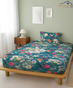 Teal Blossom HavenFlat Bedsheet With Pillow Covers