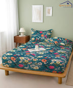 Teal Blossom HavenFlat Bedsheet With Pillow Covers