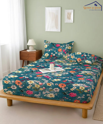 Teal Blossom HavenFlat Bedsheet With Pillow Covers