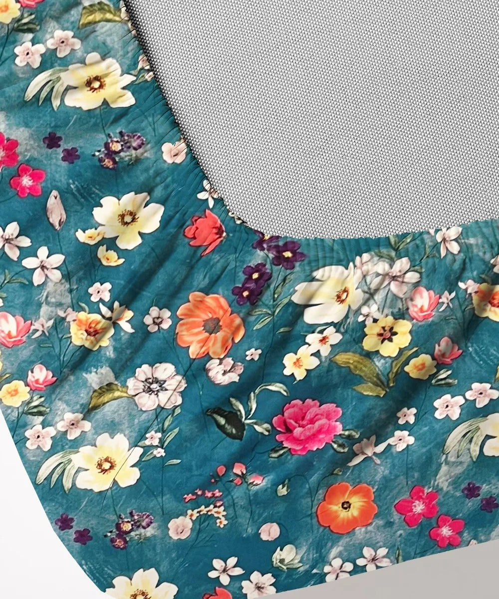 Teal Blossom HavenFlat Bedsheet With Pillow Covers