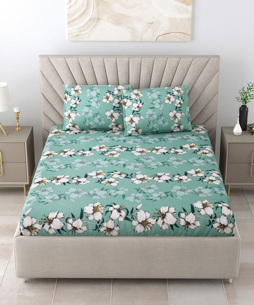 Green Floral Flat Bedsheet with Pillow Covers