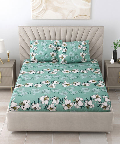 Green Floral Flat Bedsheet with Pillow Covers
