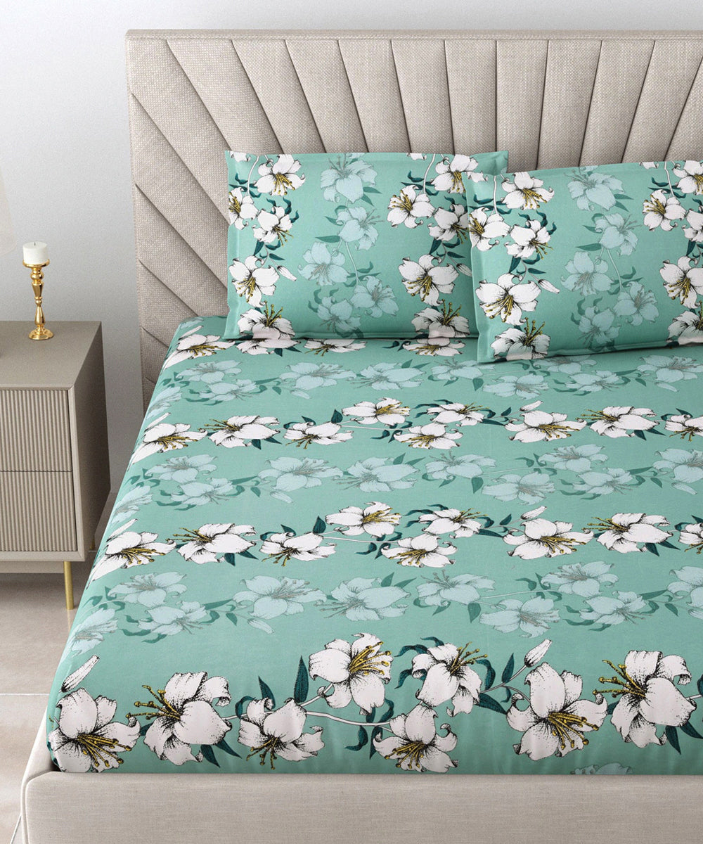Green Floral Flat Bedsheet with Pillow Covers