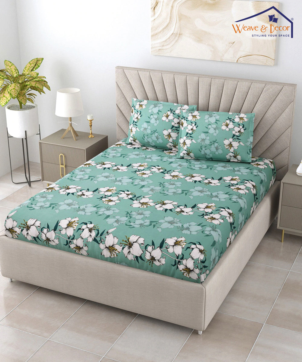Green Floral Flat Bedsheet with Pillow Covers
