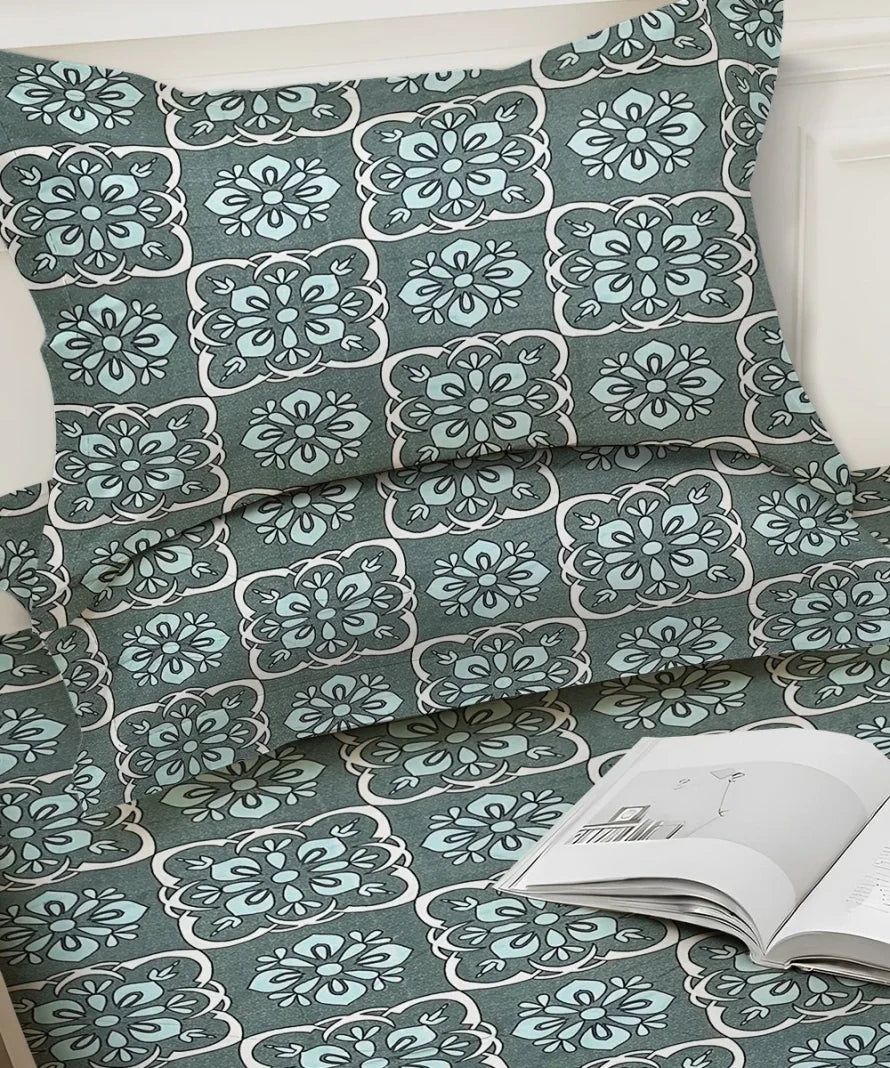 Teal Mosaic  Flat Bedsheet With Pillow Covers