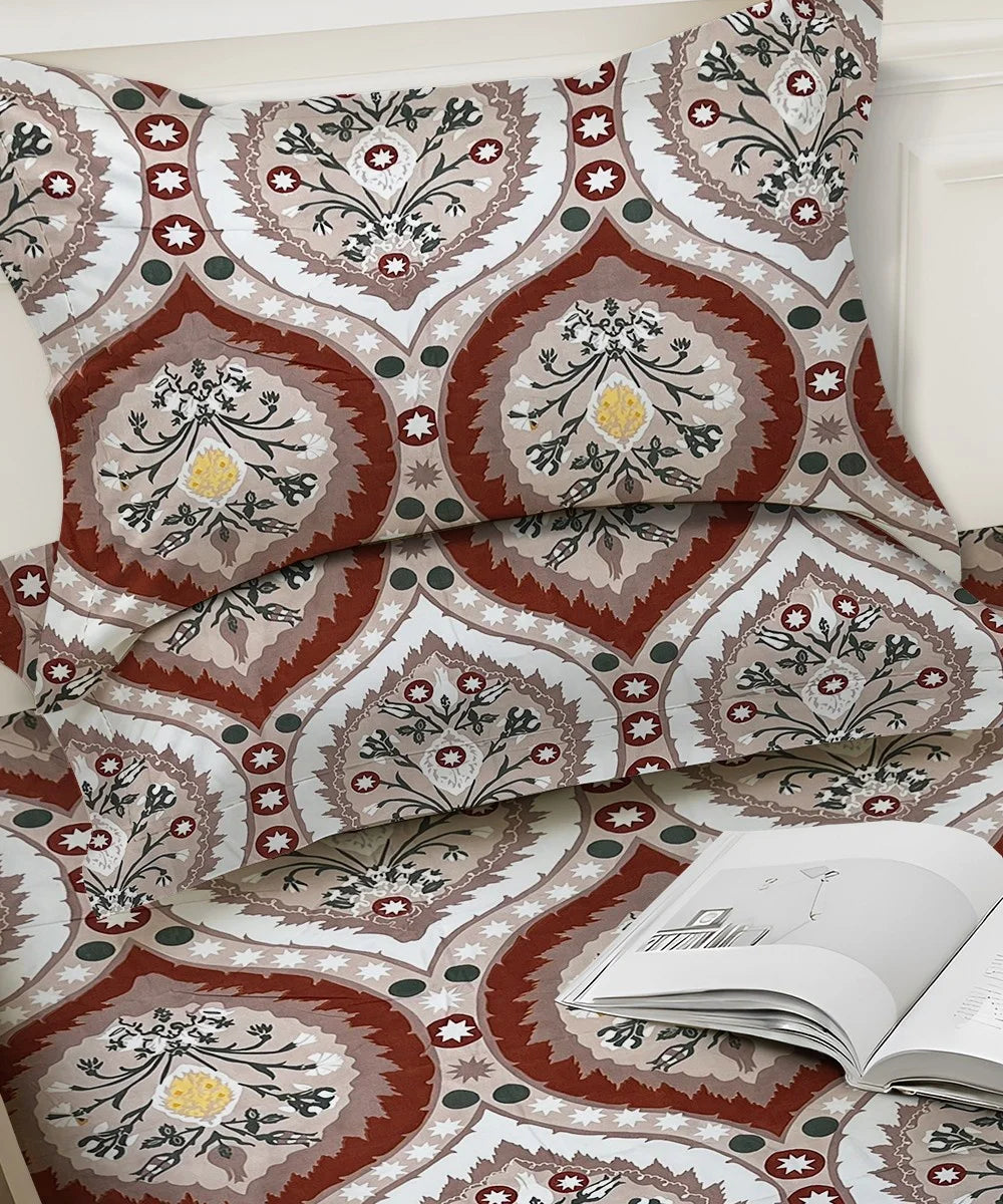 Mughal Motif Flat Bedsheet With Pillow Covers