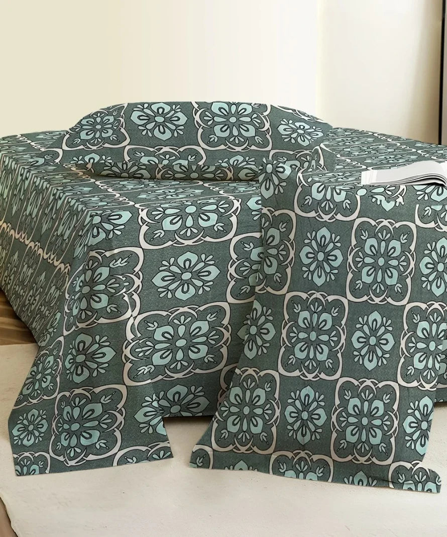 Teal Mosaic  Flat Bedsheet With Pillow Covers