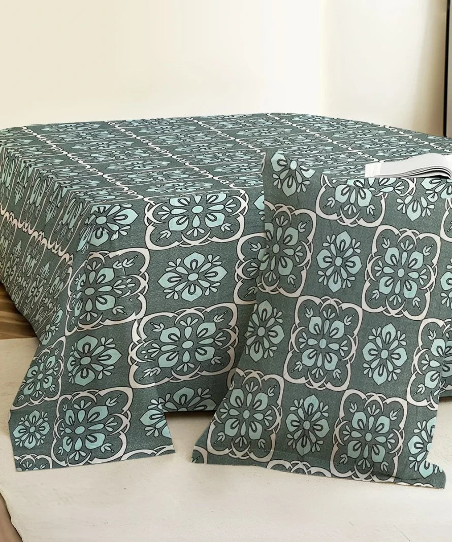 Teal Mosaic  Flat Bedsheet With Pillow Covers