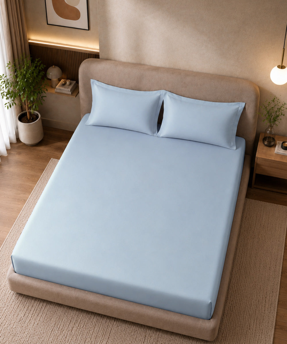 Cloud Blue Solid Fitted Bedsheet With Pillow Cover