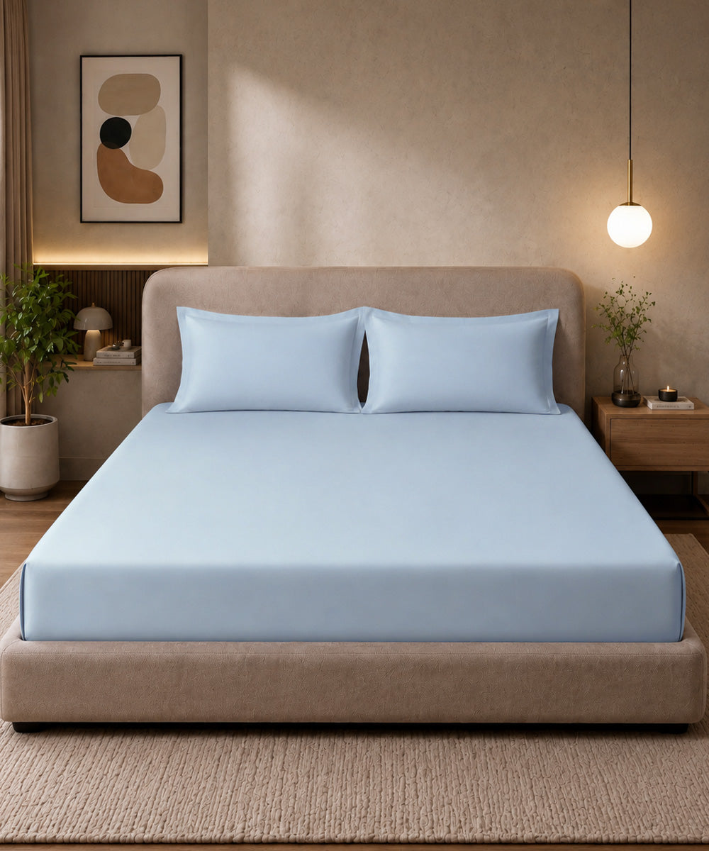 Cloud Blue Solid Fitted Bedsheet With Pillow Cover