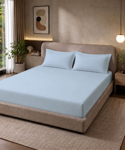Cloud Blue Solid Fitted Bedsheet With Pillow Cover