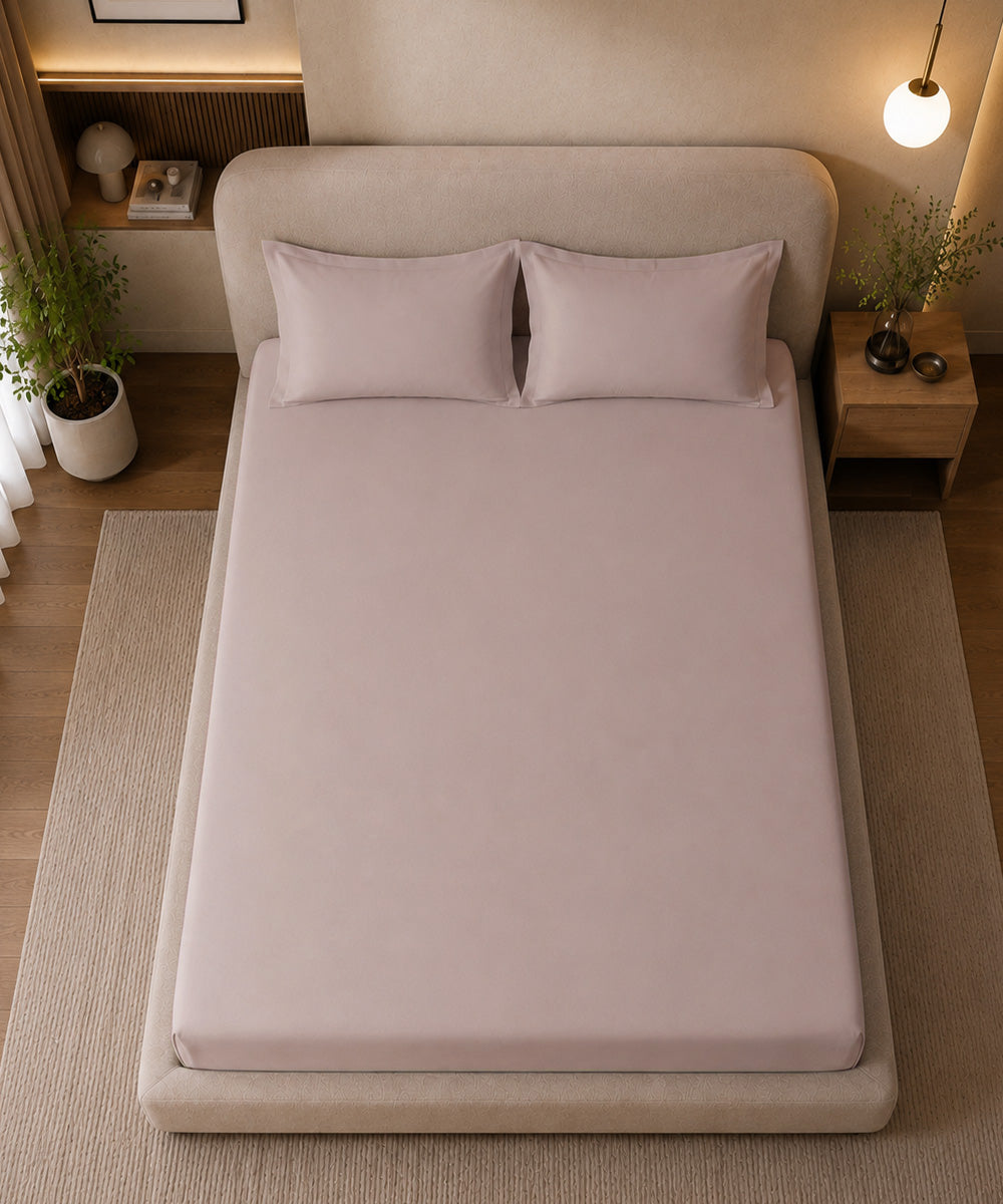 Blush Pink Solid Fitted Bedsheet With Pillow Cover
