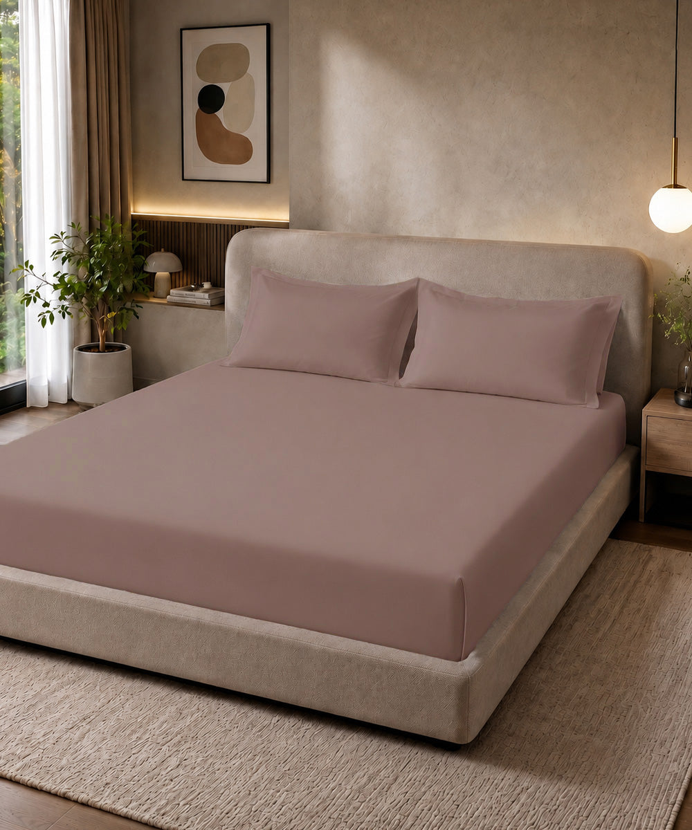 Dusty Rose Pink Solid Fitted Bedsheet With Pillow Cover