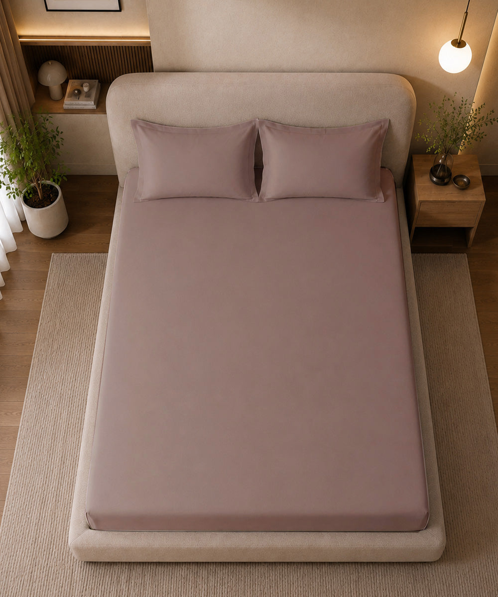 Dusty Rose Pink Solid Fitted Bedsheet With Pillow Cover