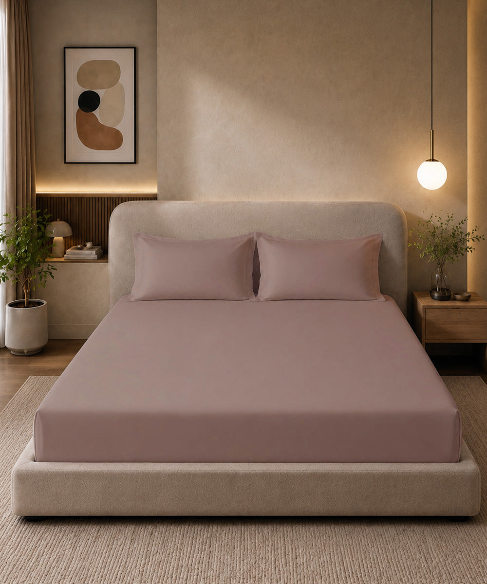 Dusty Rose Pink Solid Fitted Bedsheet With Pillow Cover