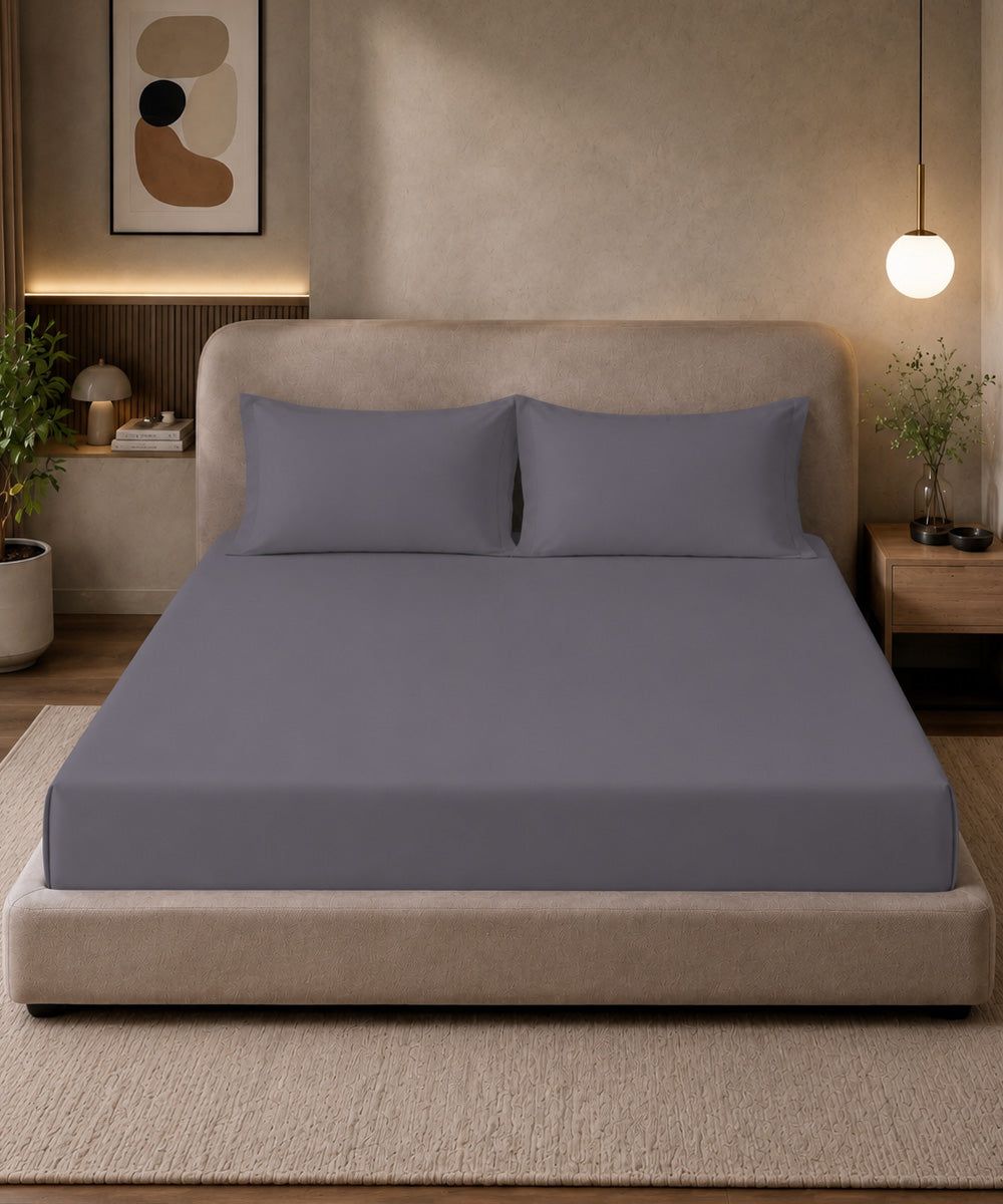 Steel Grey Solid Fitted Bedsheet With Pillow Cover
