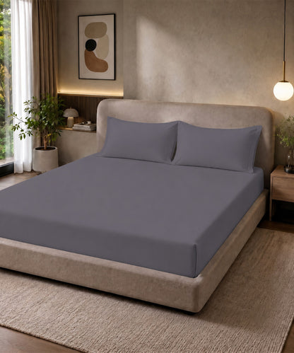 Steel Grey Solid Fitted Bedsheet With Pillow Cover