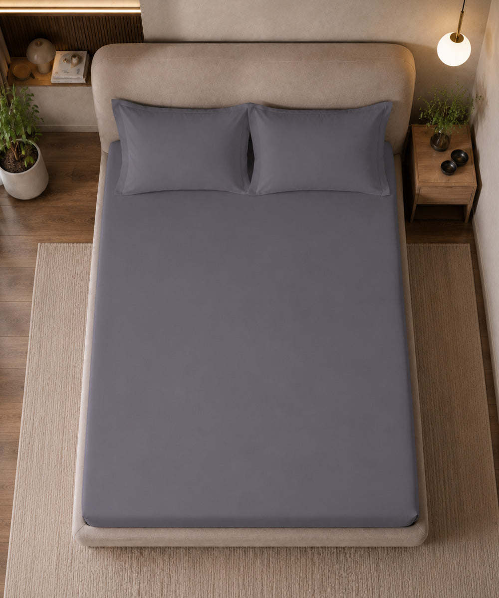 Steel Grey Solid Fitted Bedsheet With Pillow Cover