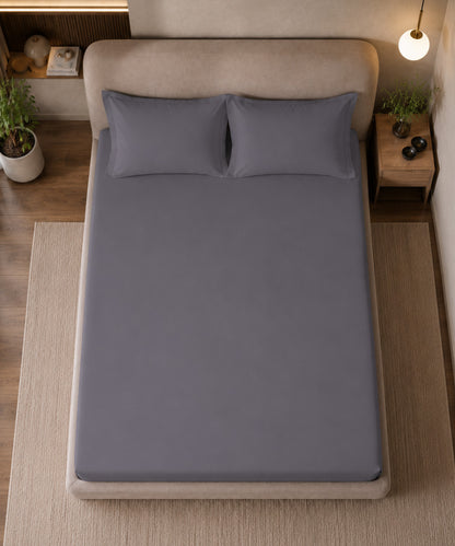 Steel Grey Solid Fitted Bedsheet With Pillow Cover