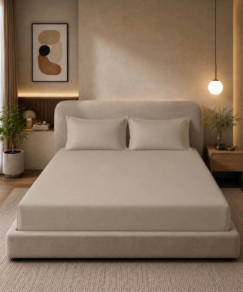 Warm Beige Solid Fitted Bedsheet With Pillow Cover