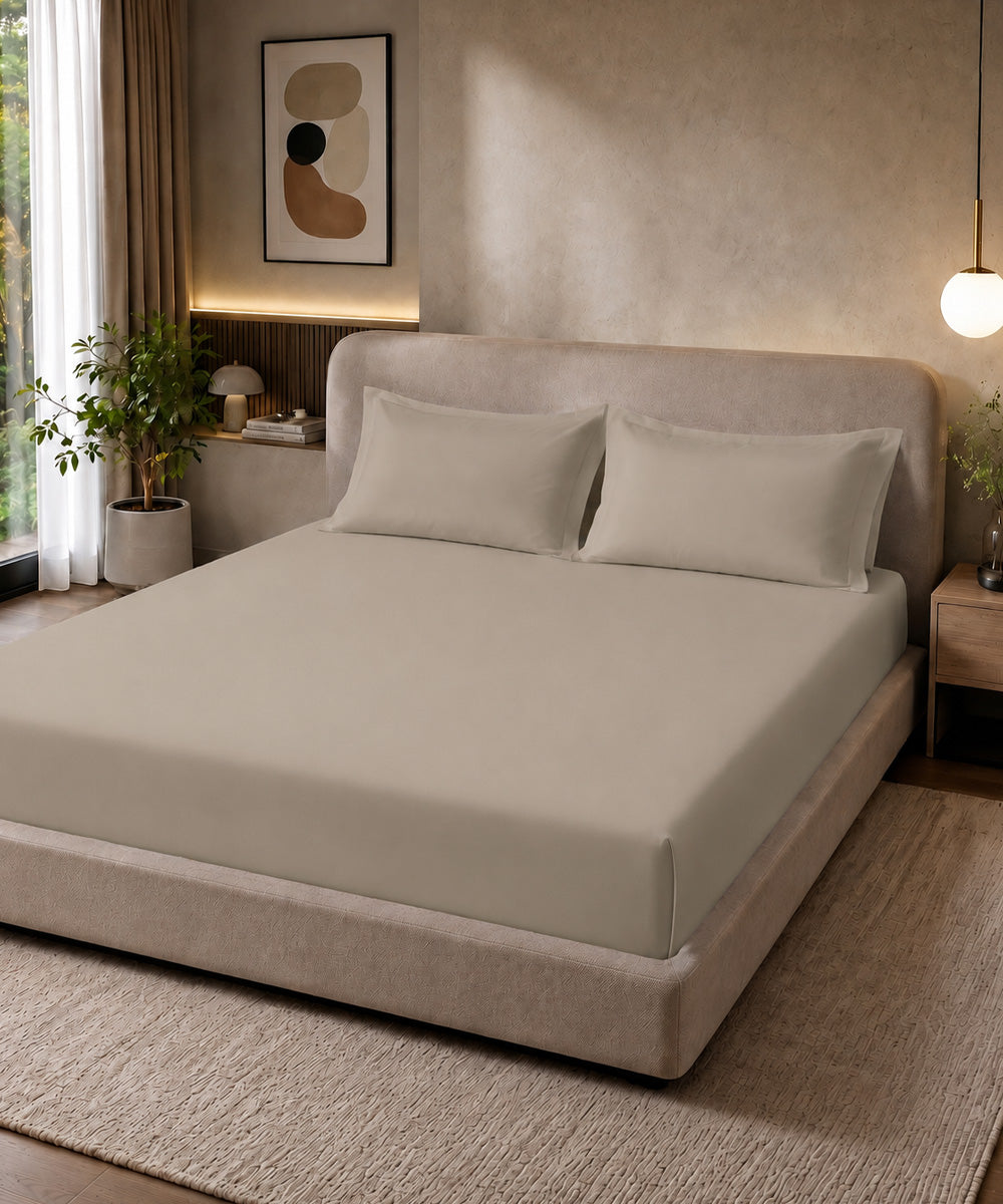 Warm Beige Solid Fitted Bedsheet With Pillow Cover