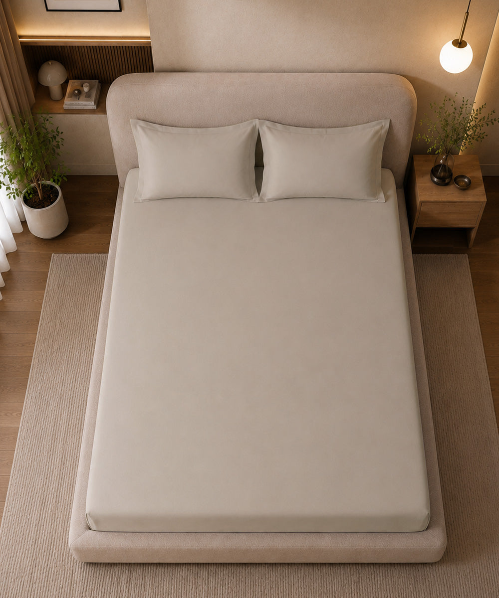 Warm Beige Solid Fitted Bedsheet With Pillow Cover