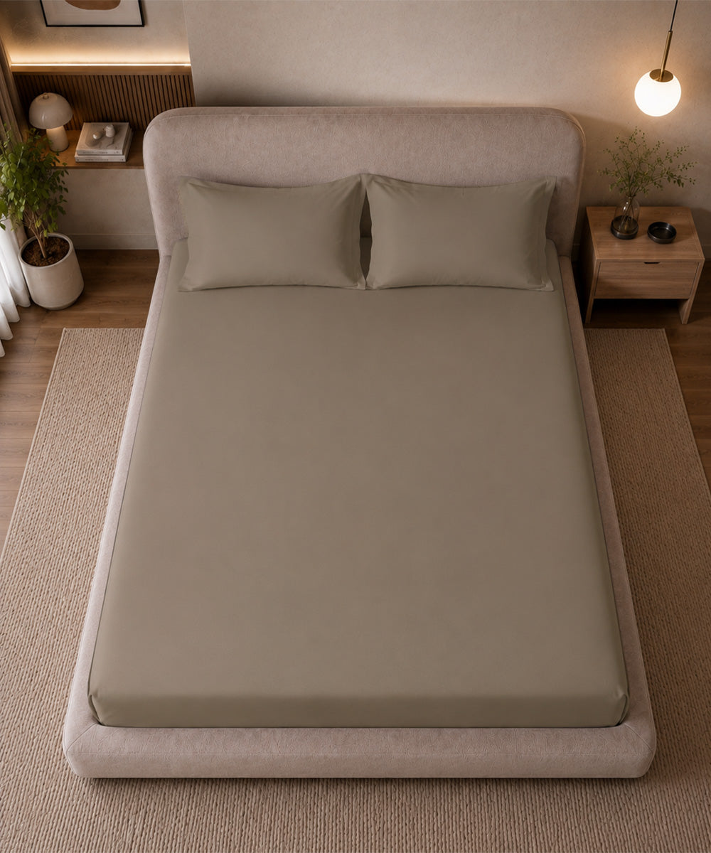 Stone Beige Solid Fitted Bedsheet With Pillow Cover