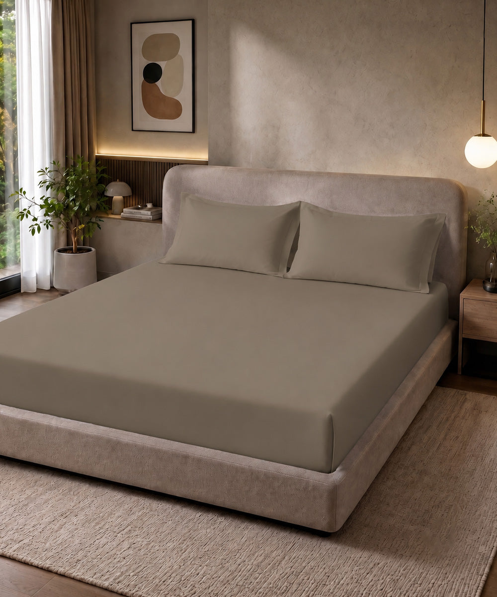 Stone Beige Solid Fitted Bedsheet With Pillow Cover