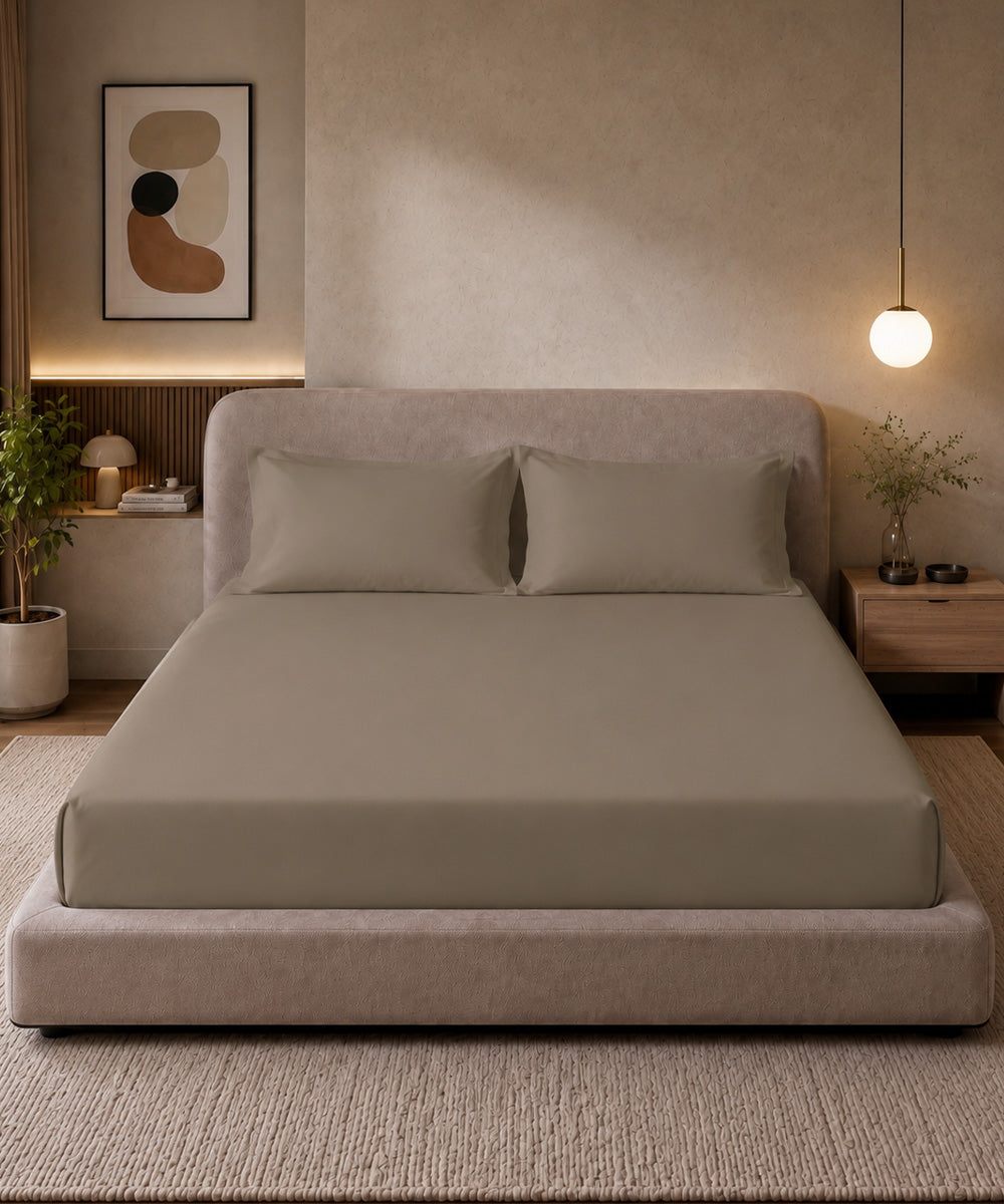 Stone Beige Solid Fitted Bedsheet With Pillow Cover