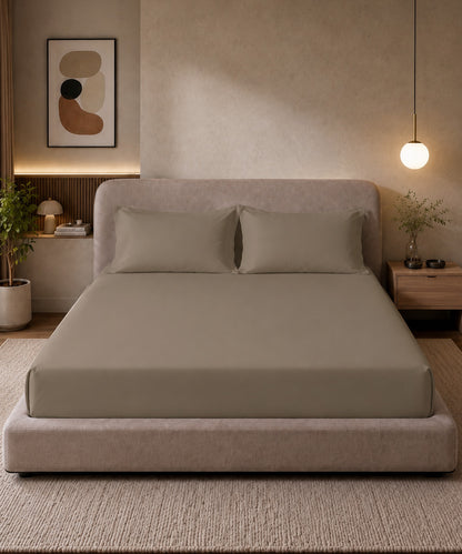 Stone Beige Solid Fitted Bedsheet With Pillow Cover