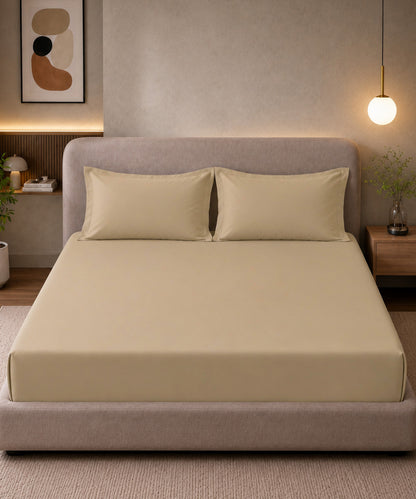Vanilla Cream Solid Fitted Bedsheet With Pillow Cover