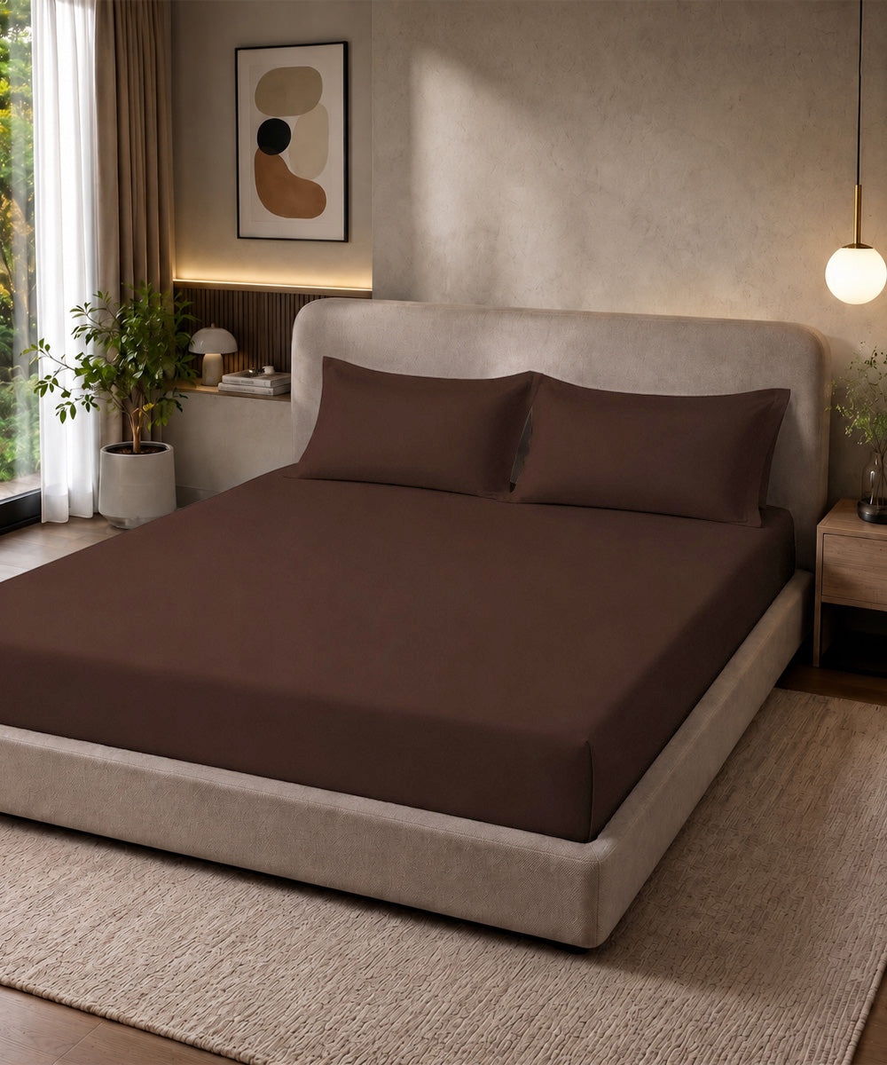 Coffee Brown Solid Fitted Bedsheet With Pillow Cover