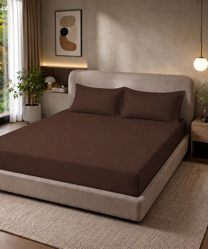 Coffee Brown Solid Fitted Bedsheet With Pillow Cover