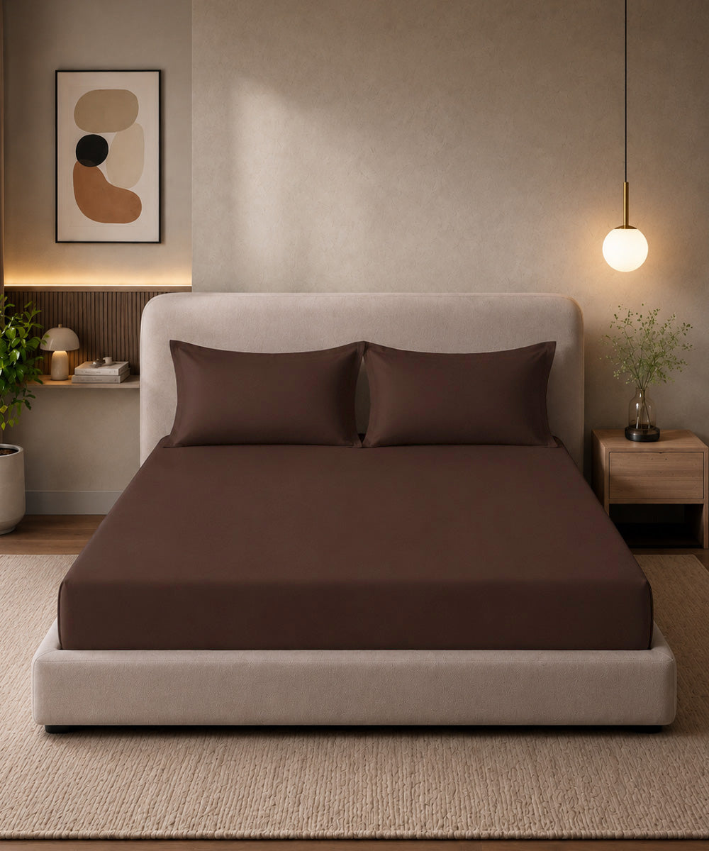 Coffee Brown Solid Fitted Bedsheet With Pillow Cover