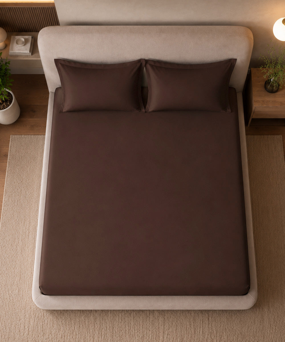 Coffee Brown Solid Fitted Bedsheet With Pillow Cover