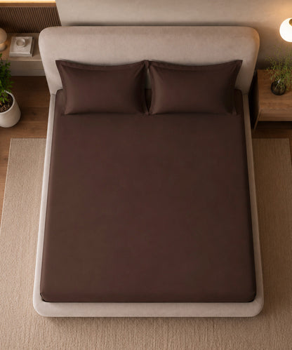 Coffee Brown Solid Fitted Bedsheet With Pillow Cover