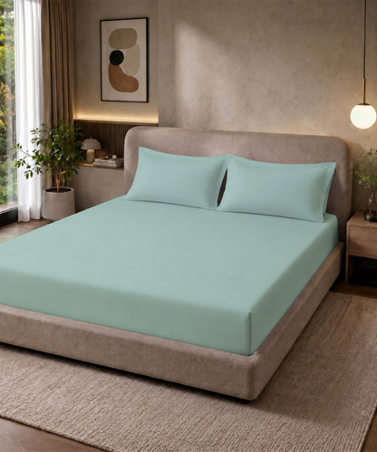 Seafoam Green Solid Fitted Bedsheet With Pillow Cover
