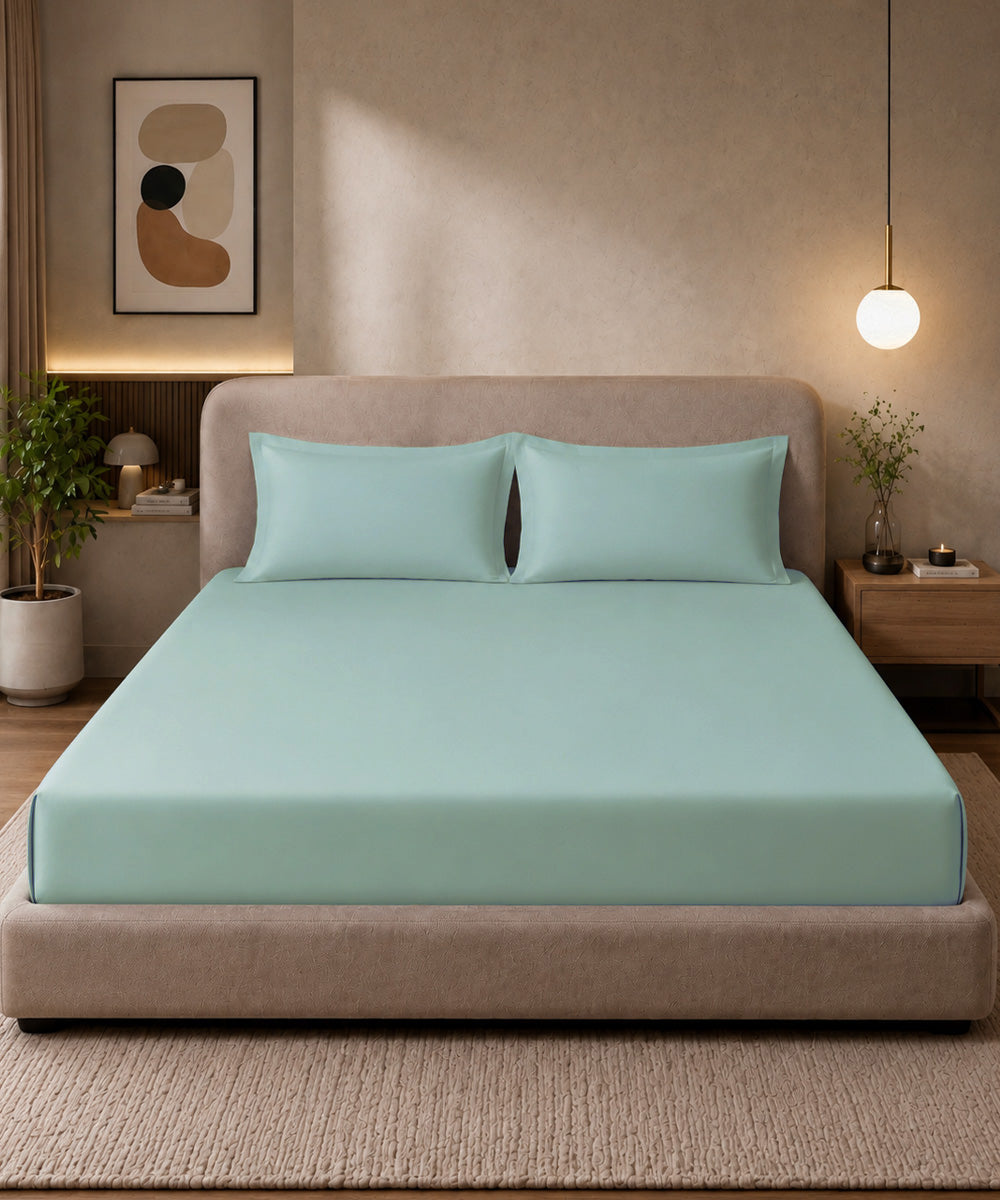 Seafoam Green Solid Fitted Bedsheet With Pillow Cover