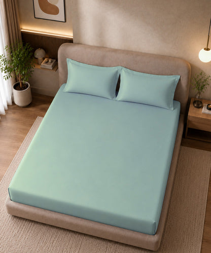 Seafoam Green Solid Fitted Bedsheet With Pillow Cover